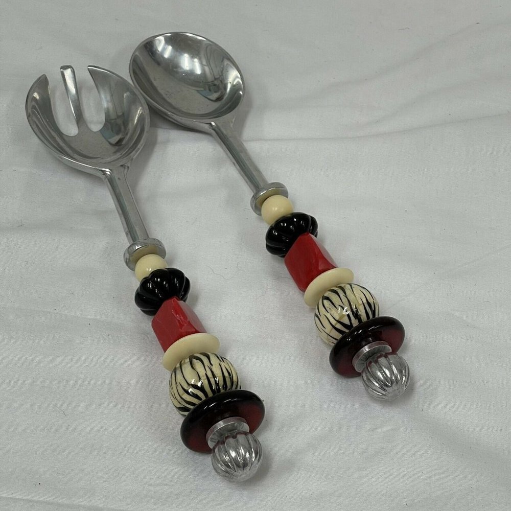 Art Glass Beaded Handle 12" Salad Servers Red Black Animal Ivory Ebony